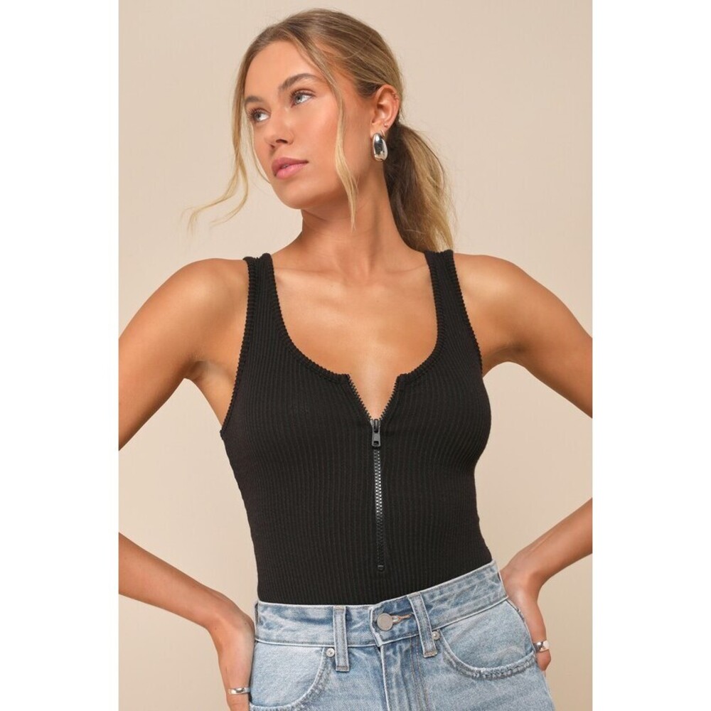 Lulus Full Throttle Black Ribbed Knit Zip-front Sleeveless Bodysuit - Size S